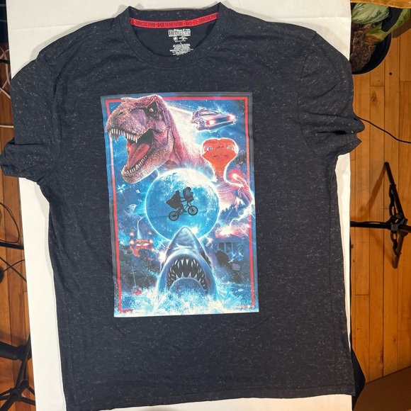Men's Graphic Tee with Dinosaur and Shark Design - Picture 1 of 8